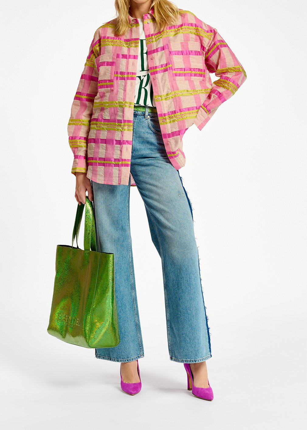 Chemise oversize à  carreaux rose clair, rose et jaune RE—SSENTIEL seconde main photo 3