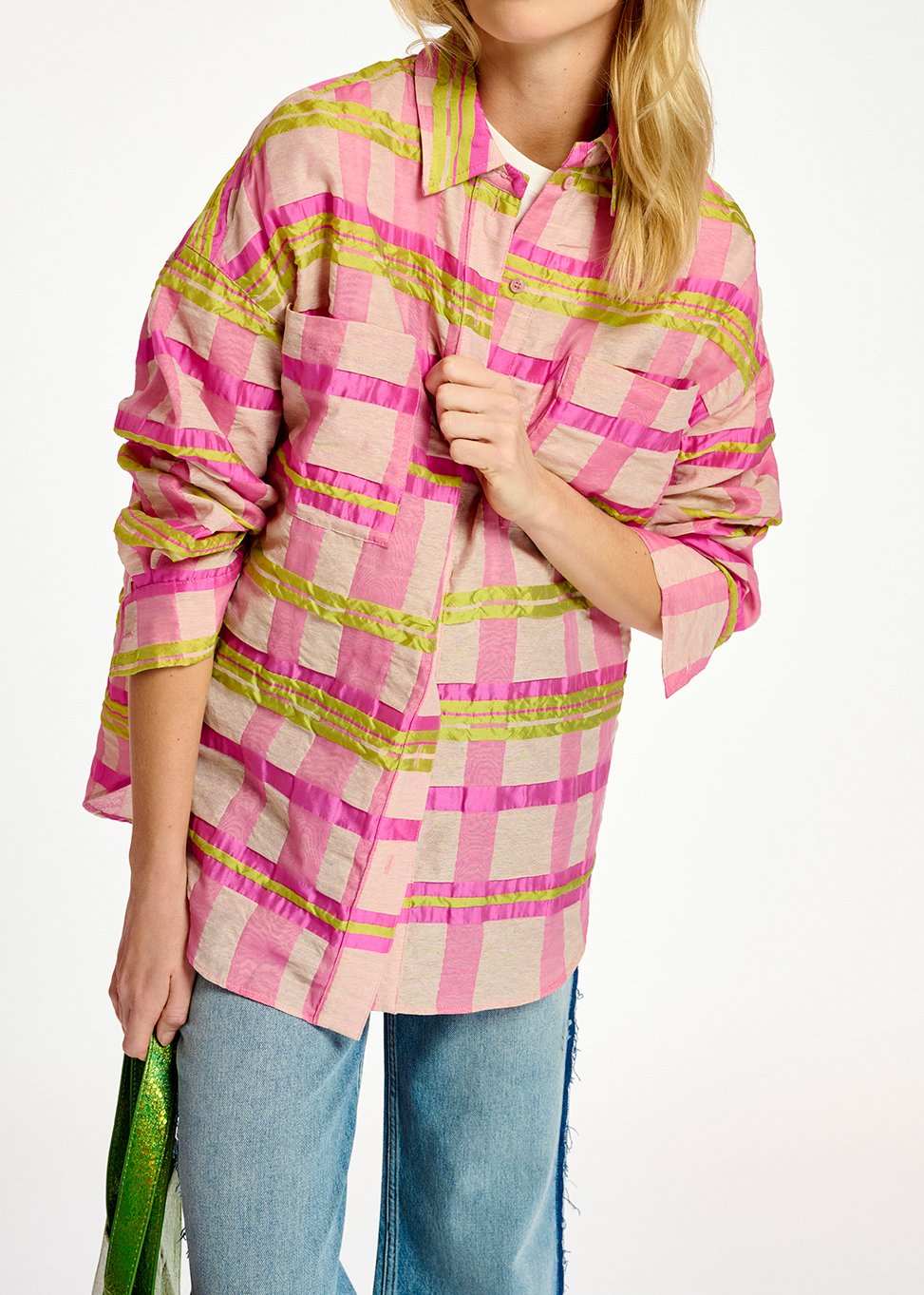 Chemise oversize à  carreaux rose clair, rose et jaune RE—SSENTIEL seconde main photo 4