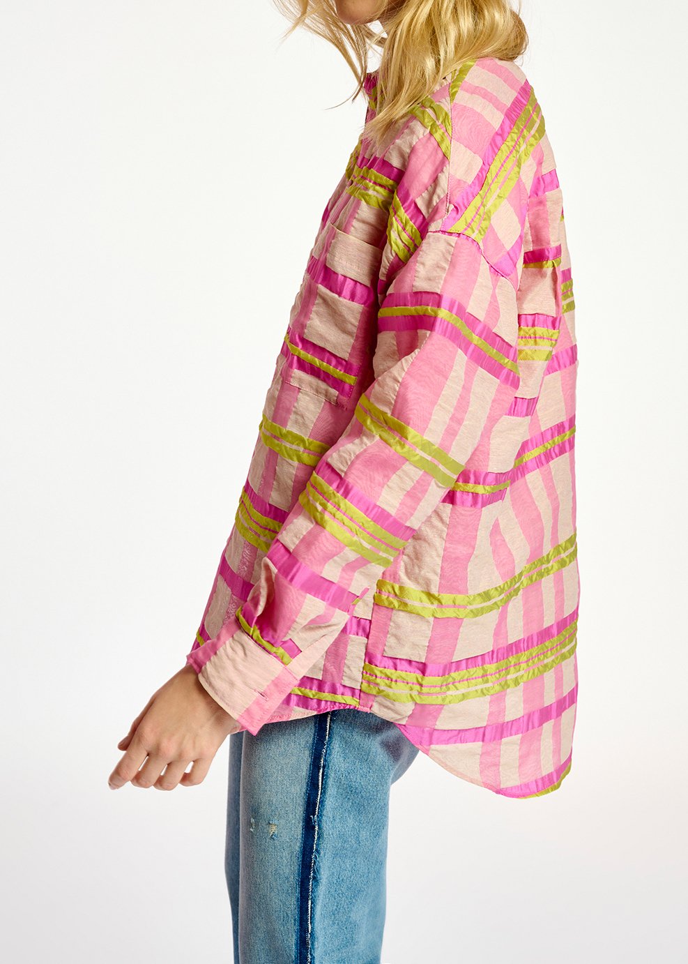 Chemise oversize à  carreaux rose clair, rose et jaune RE—SSENTIEL seconde main photo 5