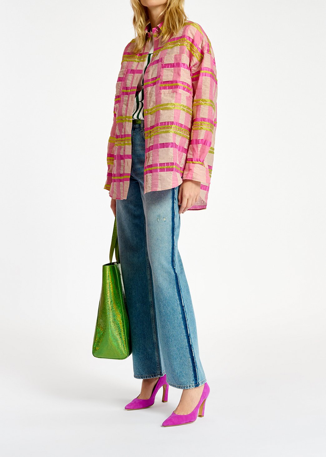 Chemise oversize à  carreaux rose clair, rose et jaune RE—SSENTIEL seconde main photo 7