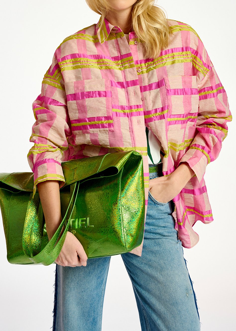 Chemise oversize à  carreaux rose clair, rose et jaune RE—SSENTIEL seconde main photo 8