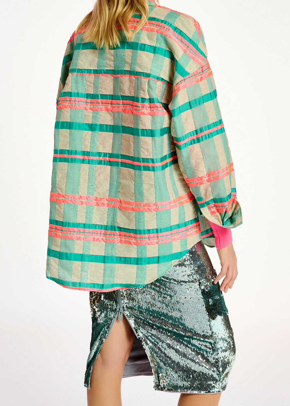 Oversized hemd met lichtblauw, turquoise en neonroze ruitjesmotief RE—SSENTIEL tweedehands photo 4