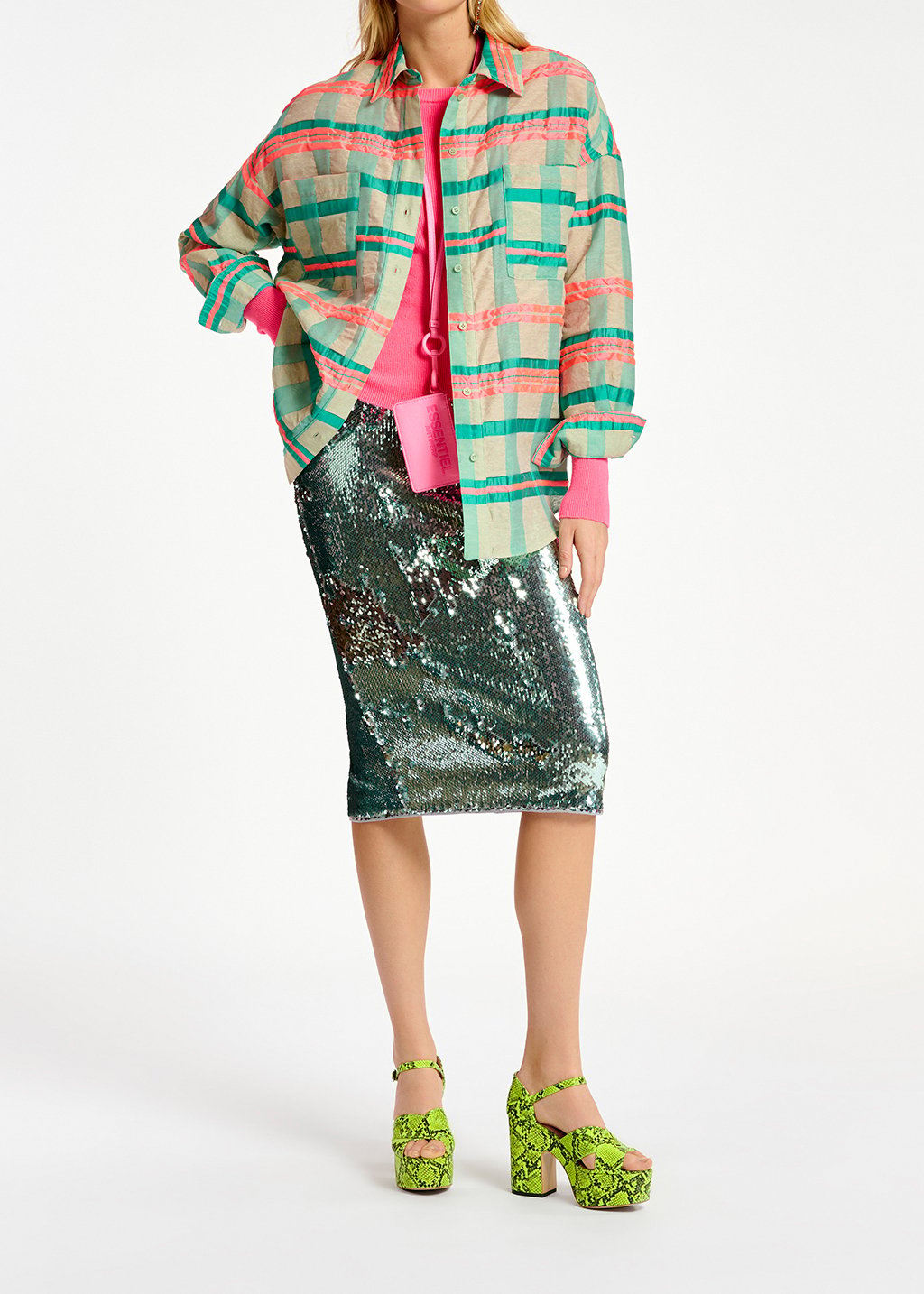 Oversized hemd met lichtblauw, turquoise en neonroze ruitjesmotief RE—SSENTIEL tweedehands photo 5