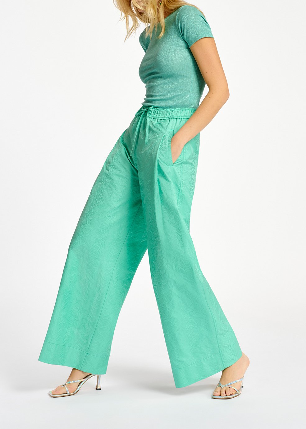 Turquoise jacquard broek met brede pijpen RE—SSENTIEL tweedehands photo 8