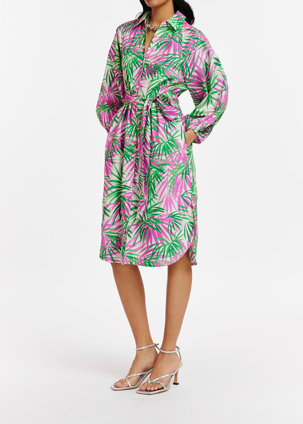 White, purple and green knee-length shirt dress with palm leaf print RE—SSENTIEL second-hand photo 3