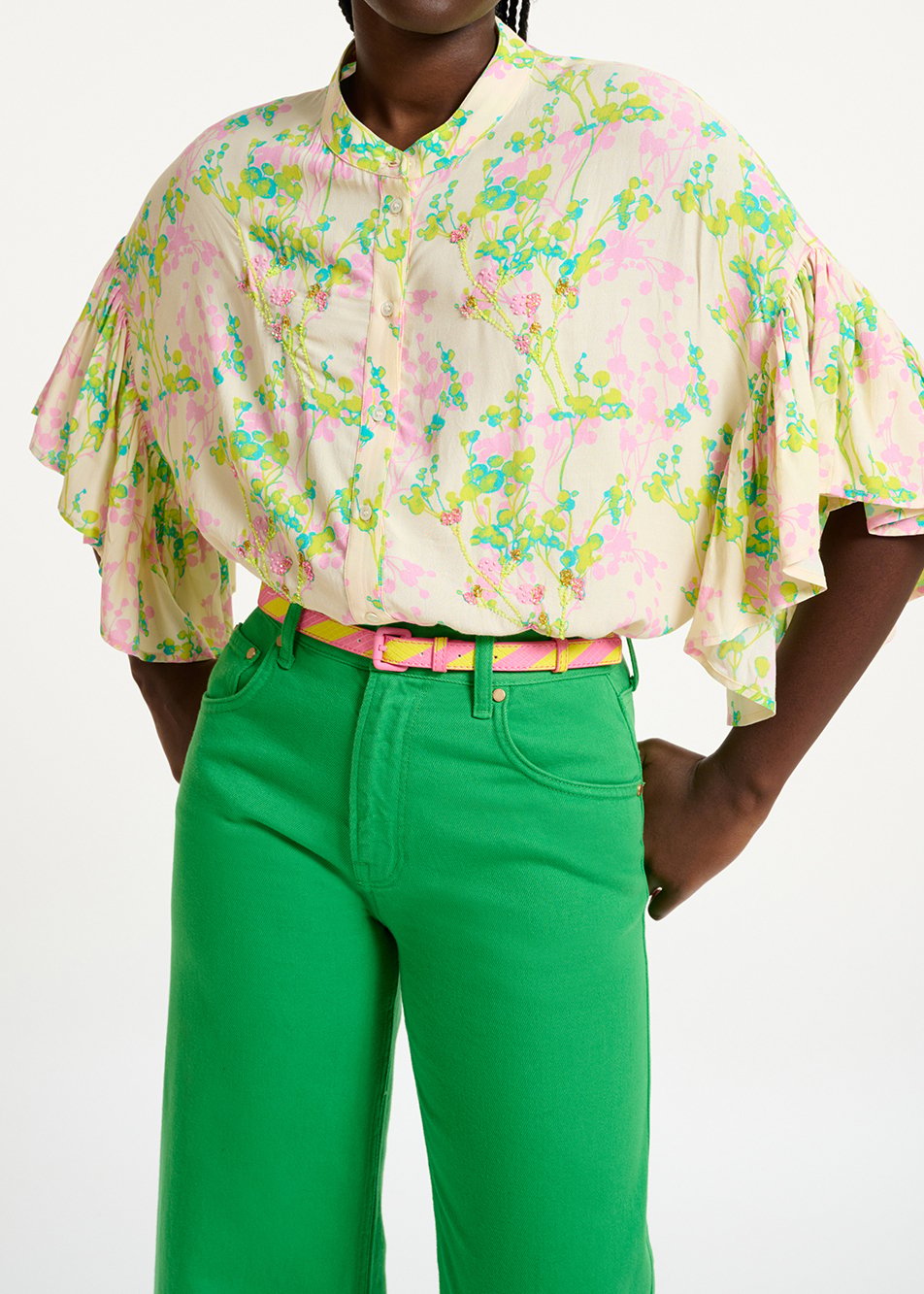 Ecru, pink and lime green floral print shirt RE—SSENTIEL second-hand photo 3