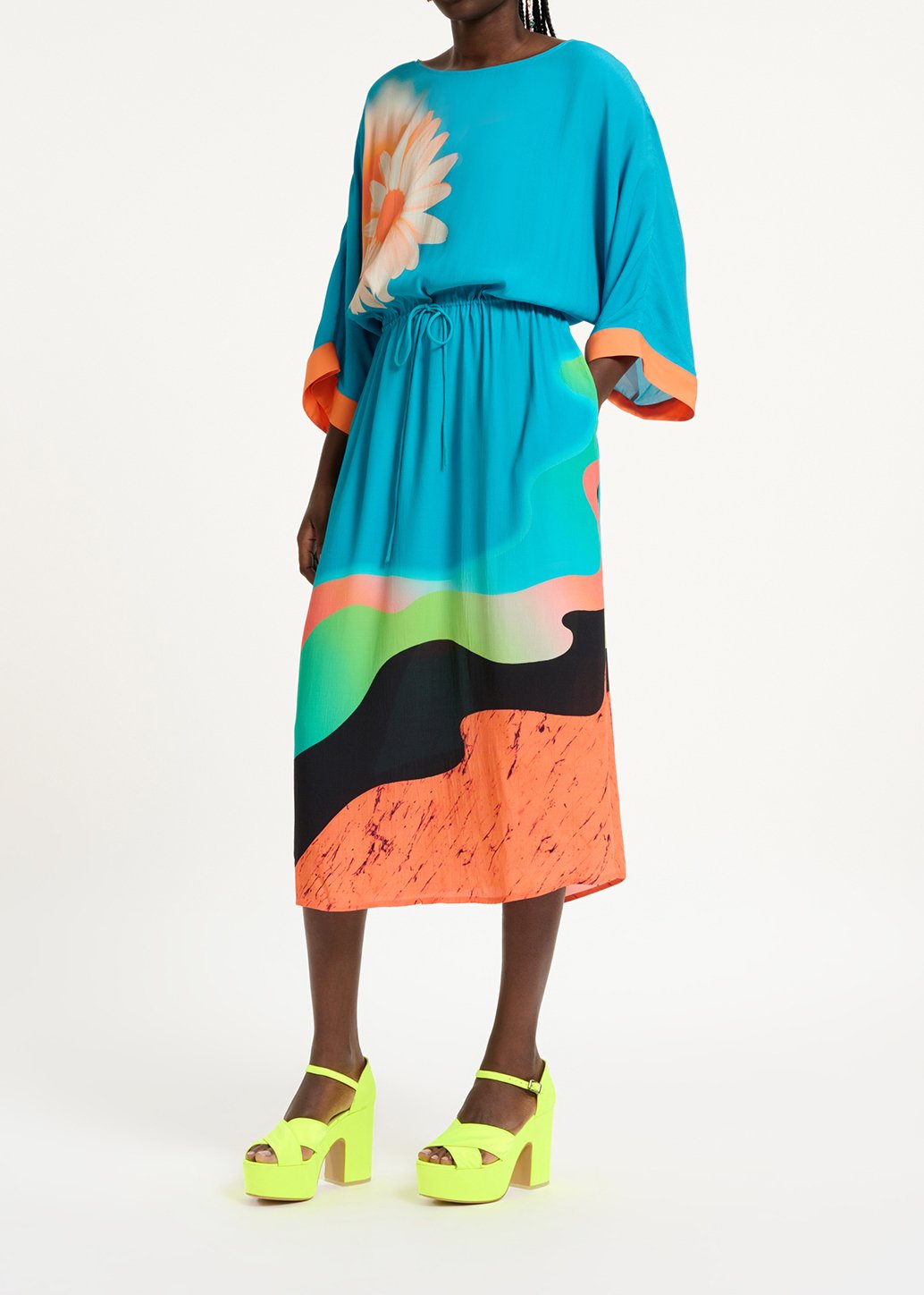 Bleu midi-length dress with multicolor print RE—SSENTIEL second-hand photo 3