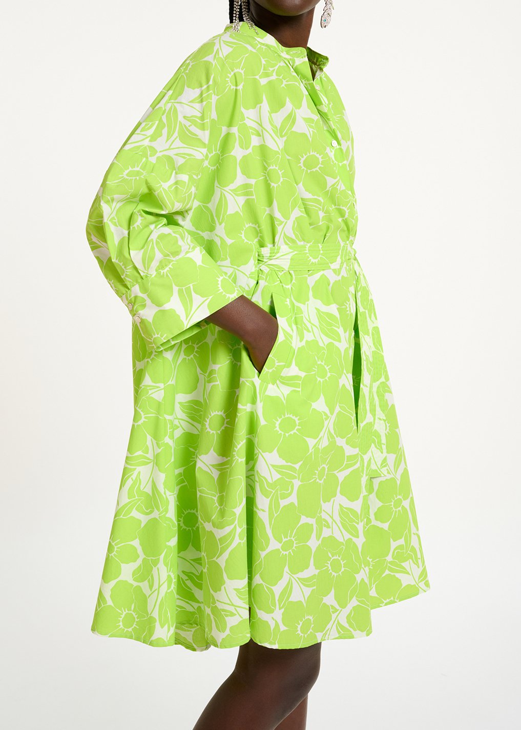 White and lime green floral print cotton knee-length shirt dress RE—SSENTIEL second-hand photo 4