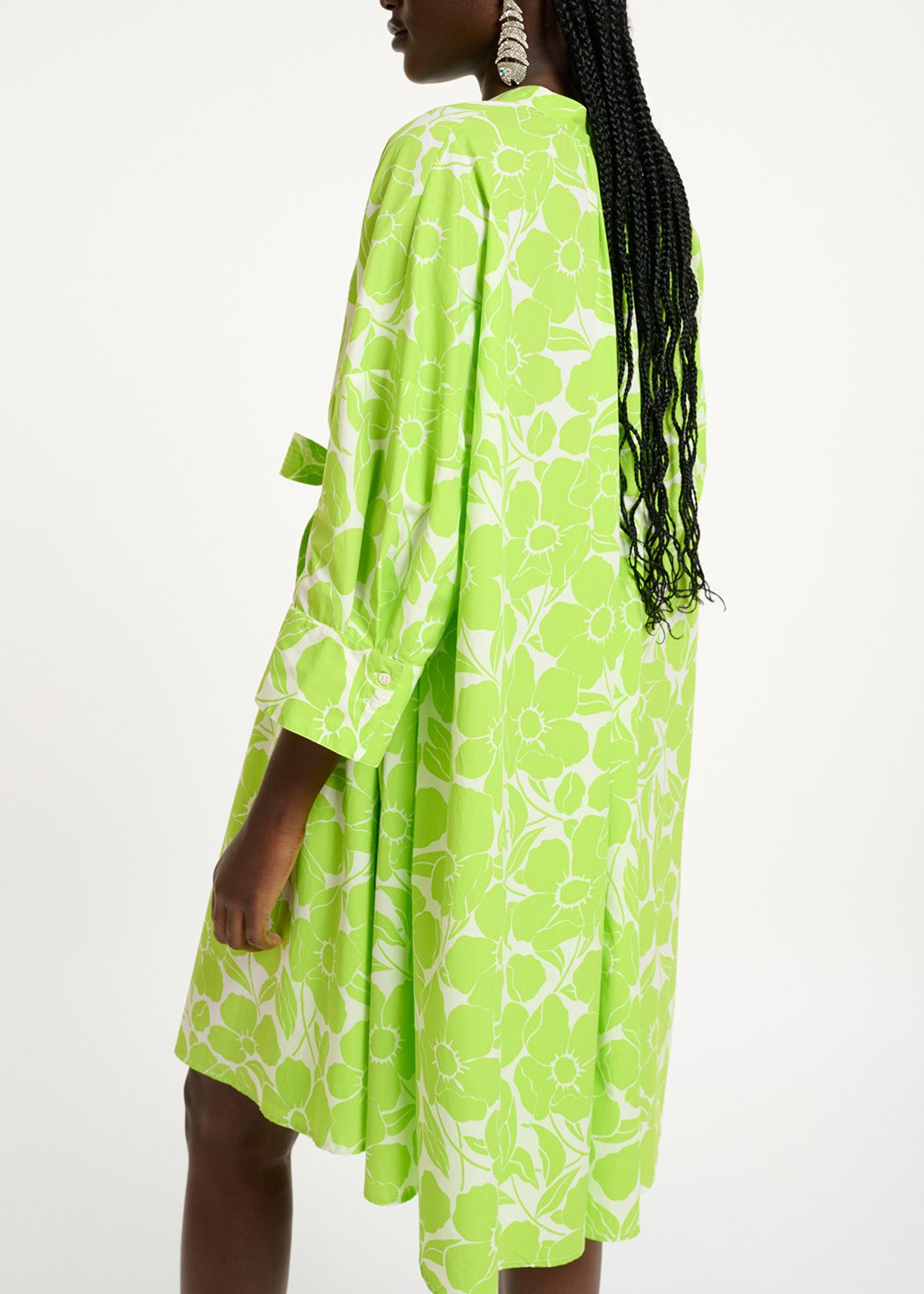 White and lime green floral print cotton knee-length shirt dress RE—SSENTIEL second-hand photo 5