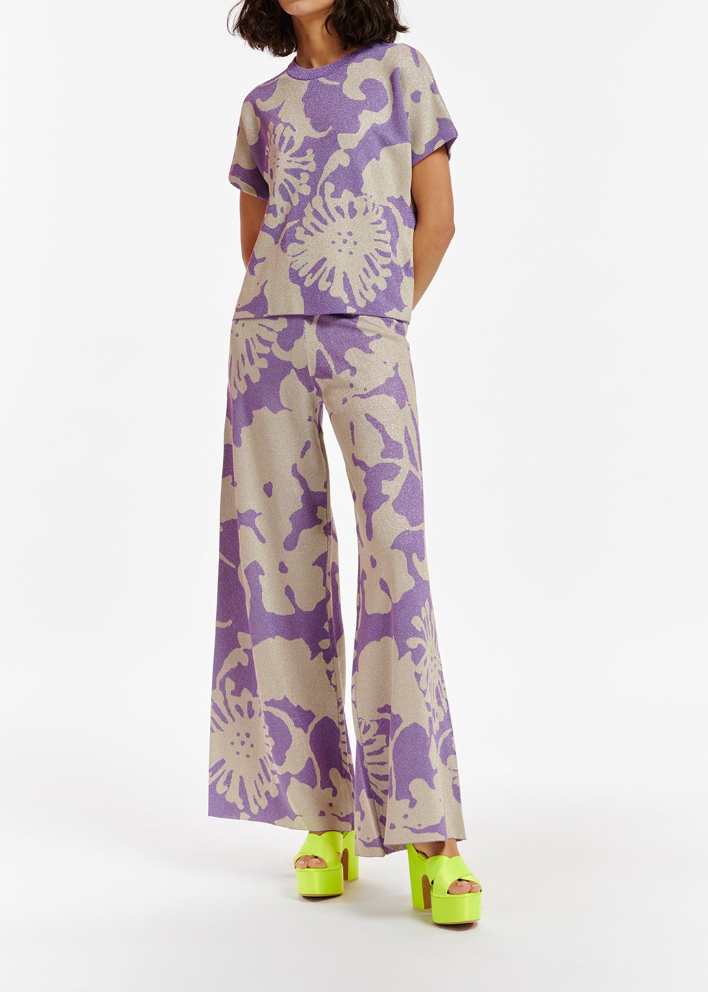 Pantalon en jacquard beige et violet avec lurex RE—SSENTIEL seconde main photo 3