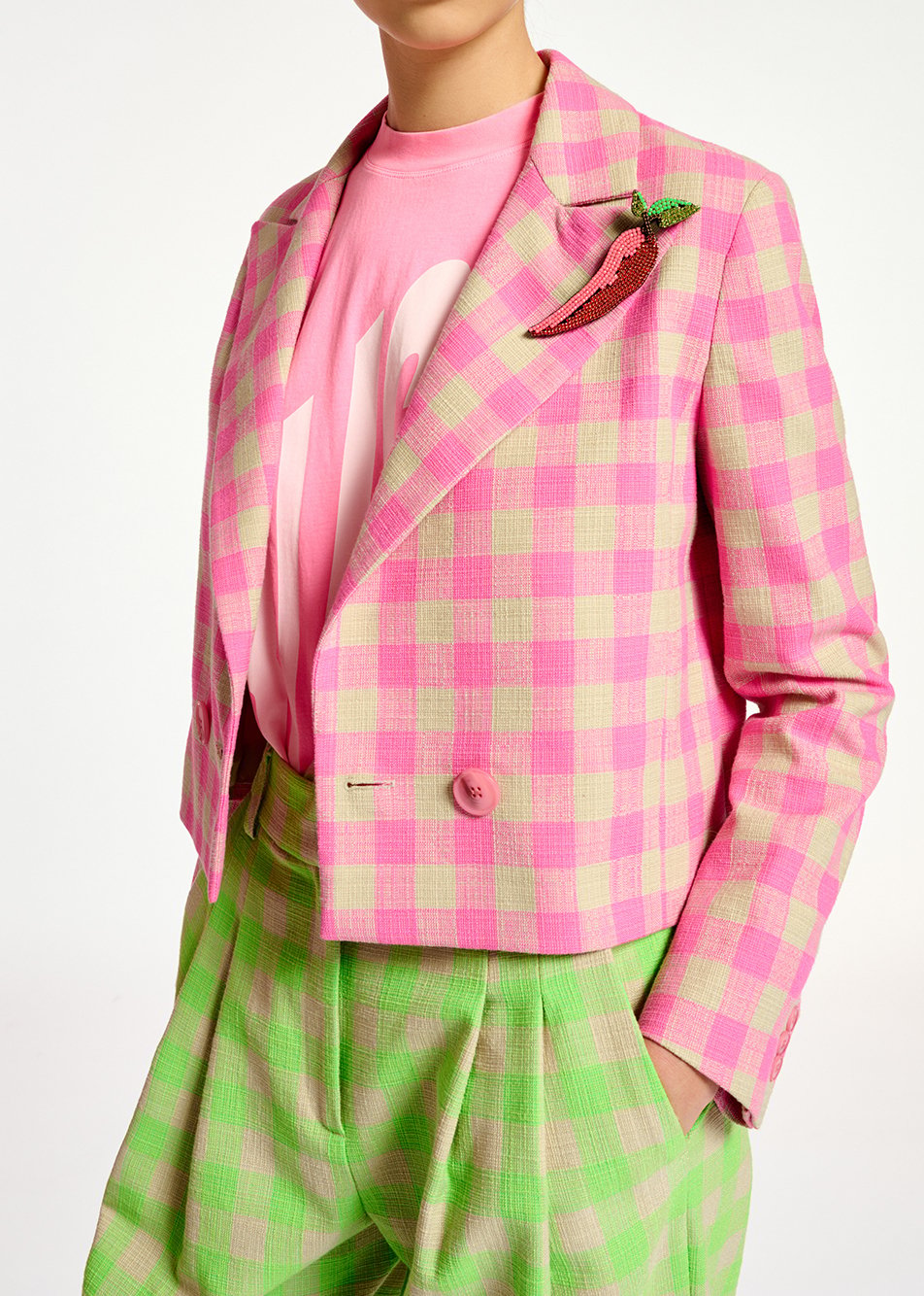 Korte roze blazer met ruitjes RE—SSENTIEL tweedehands photo 6