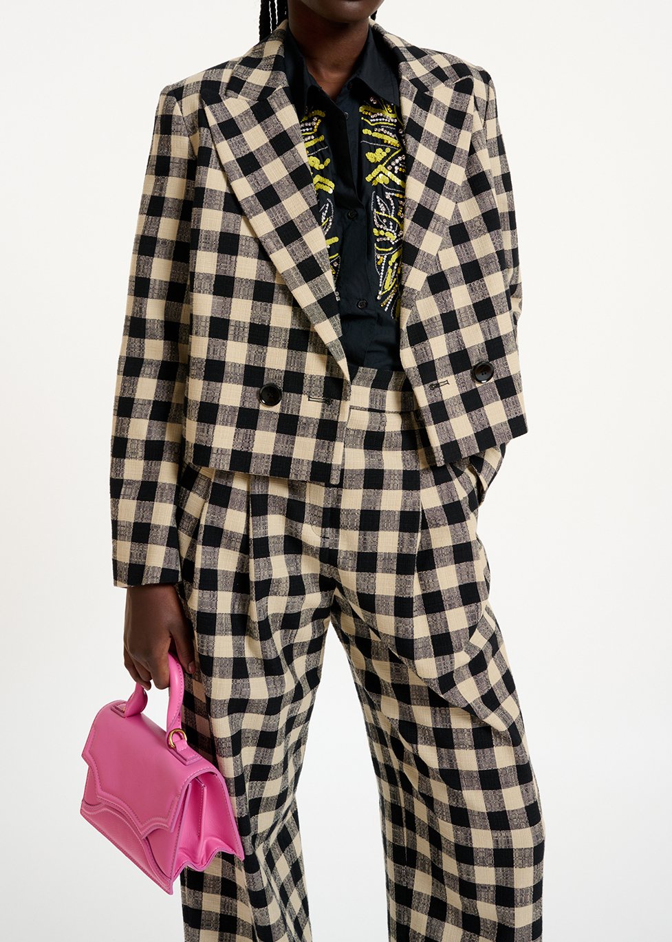 Blazer court à  carreaux noir et beige RE—SSENTIEL seconde main photo 3