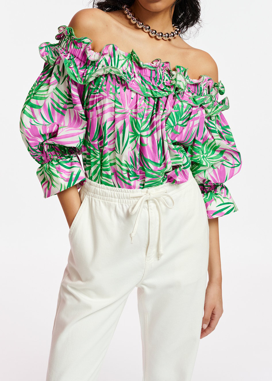 Top à  épaules dénudées imprimé feuilles de palmier blanc, violet et vert RE—SSENTIEL seconde main photo 3