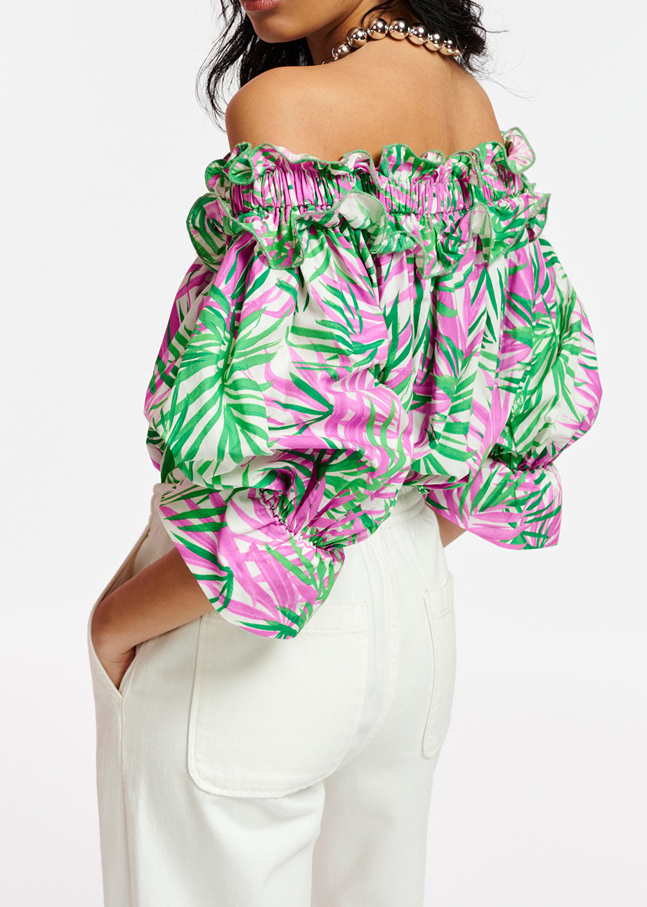 Top à  épaules dénudées imprimé feuilles de palmier blanc, violet et vert RE—SSENTIEL seconde main photo 5
