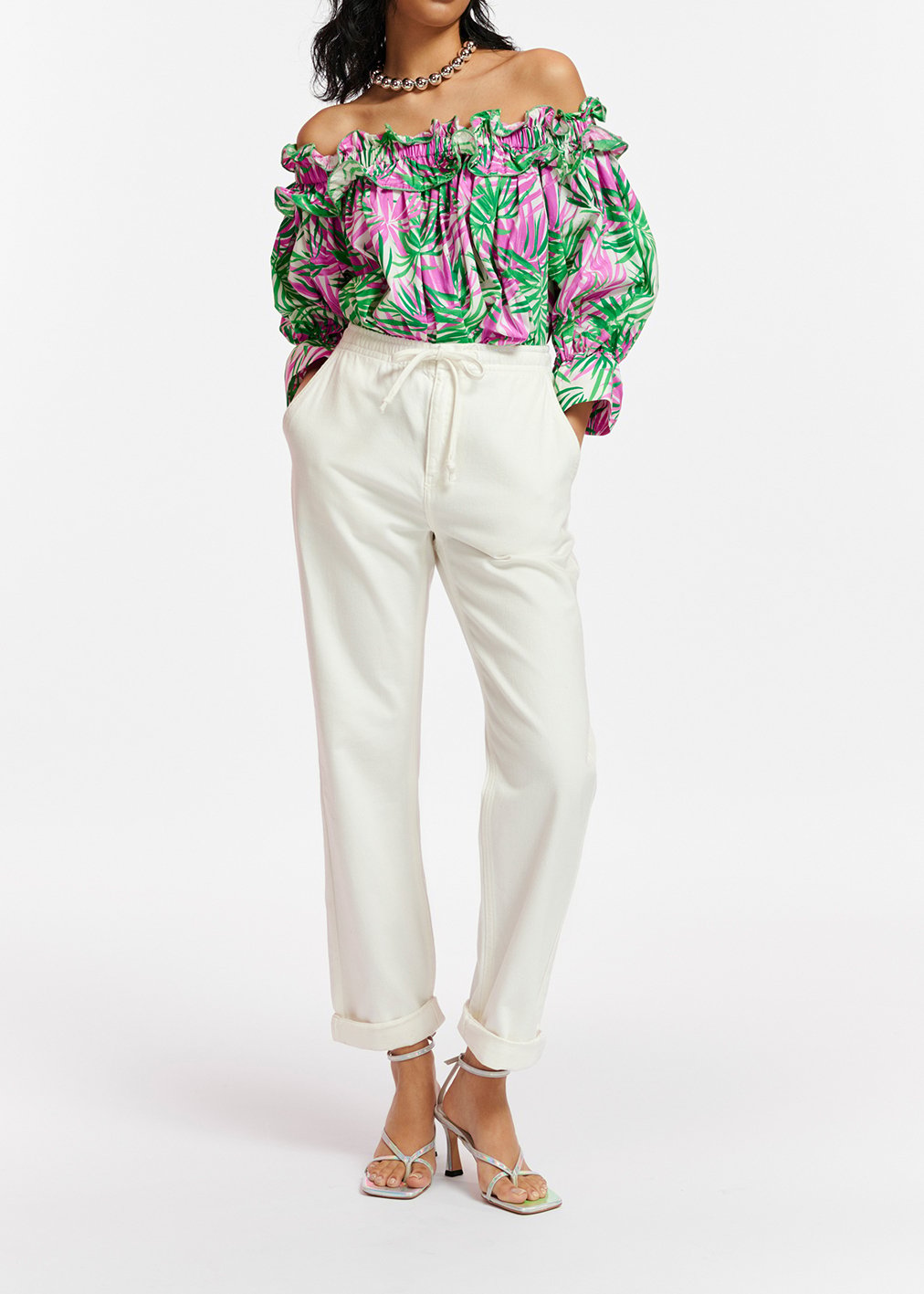Top à  épaules dénudées imprimé feuilles de palmier blanc, violet et vert RE—SSENTIEL seconde main photo 6