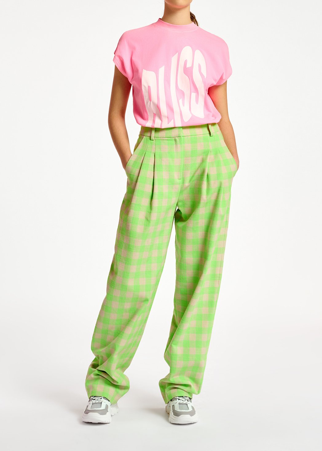 Fluogroene relaxte broek met ruitjes RE—SSENTIEL tweedehands photo 4