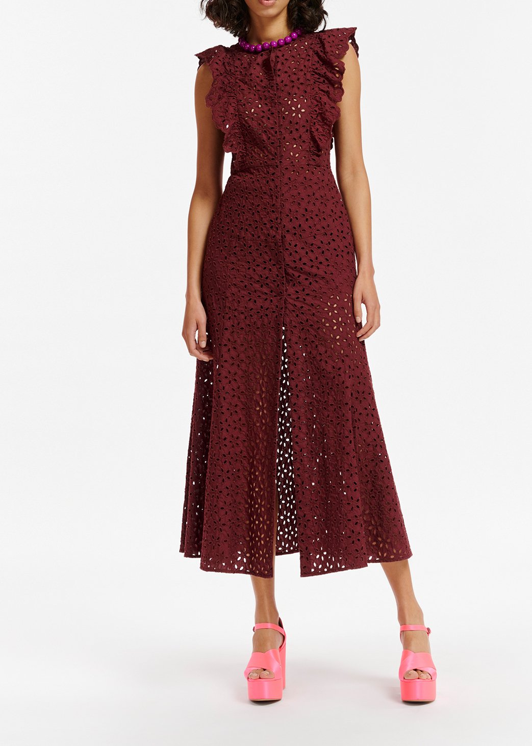 Burgundy broderie anglaise cotton maxi dress RE—SSENTIEL second-hand photo 3