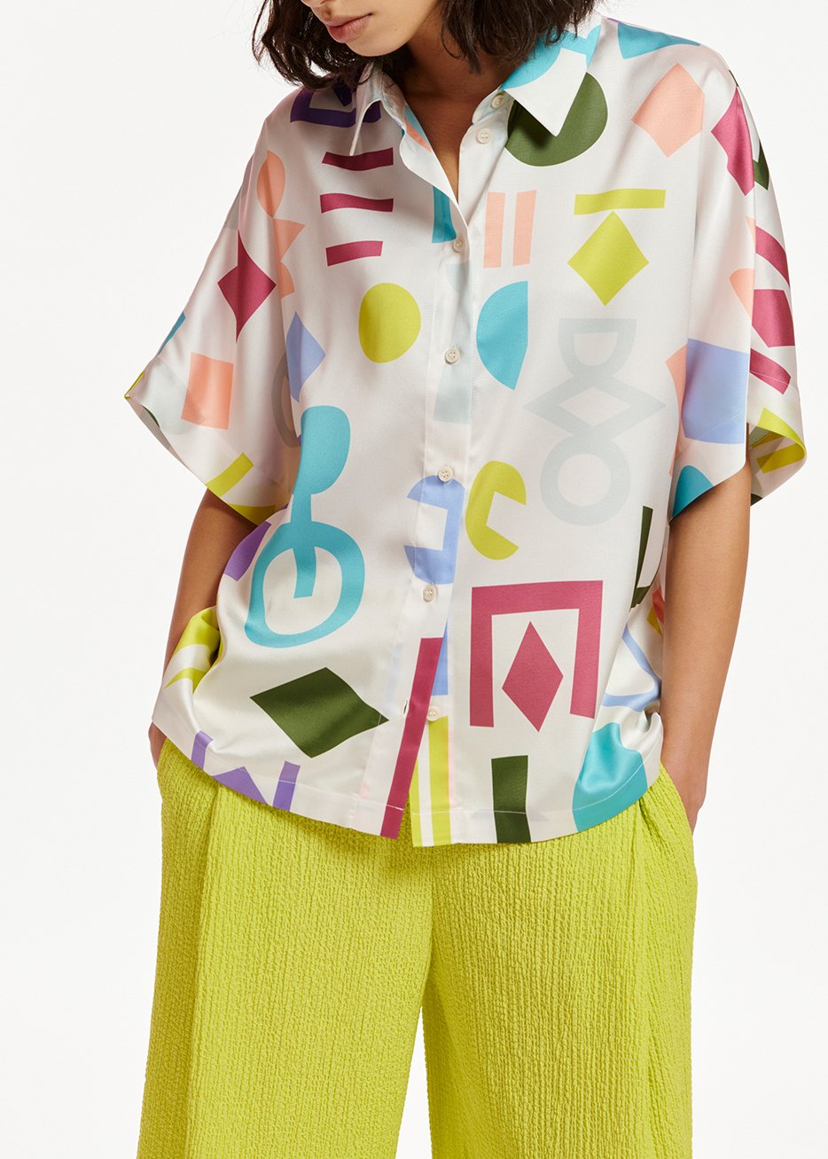 White abstract-printed satin shirt RE—SSENTIEL second-hand photo 3