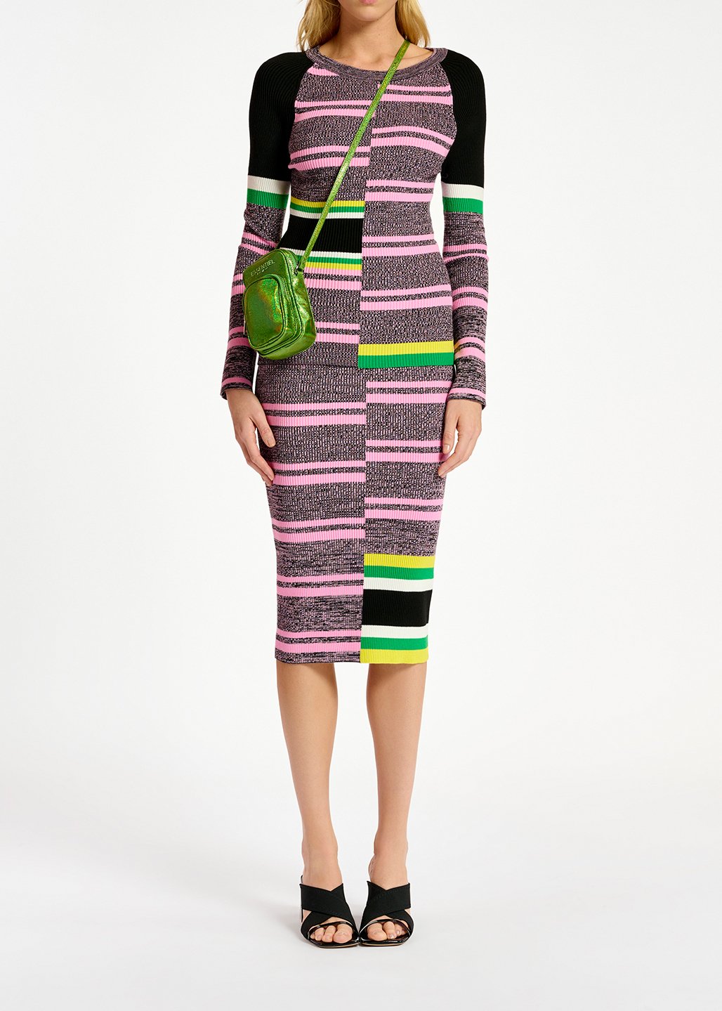 Ribgebreide midirok met zwarte, roze en groene strepen RE—SSENTIEL tweedehands photo 4