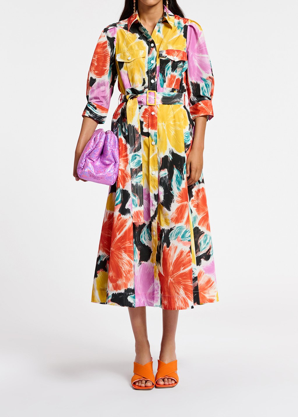 Robe chemise midi à  imprimé fleuri noir, orange et jaune RE—SSENTIEL seconde main photo 3