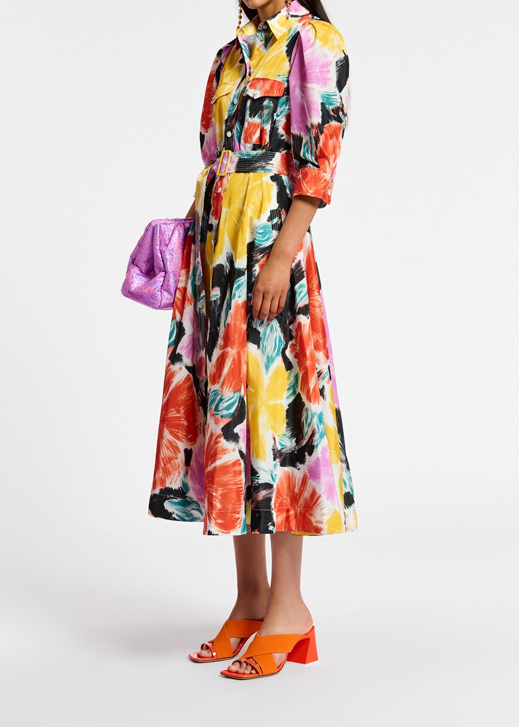 Robe chemise midi à  imprimé fleuri noir, orange et jaune RE—SSENTIEL seconde main photo 6
