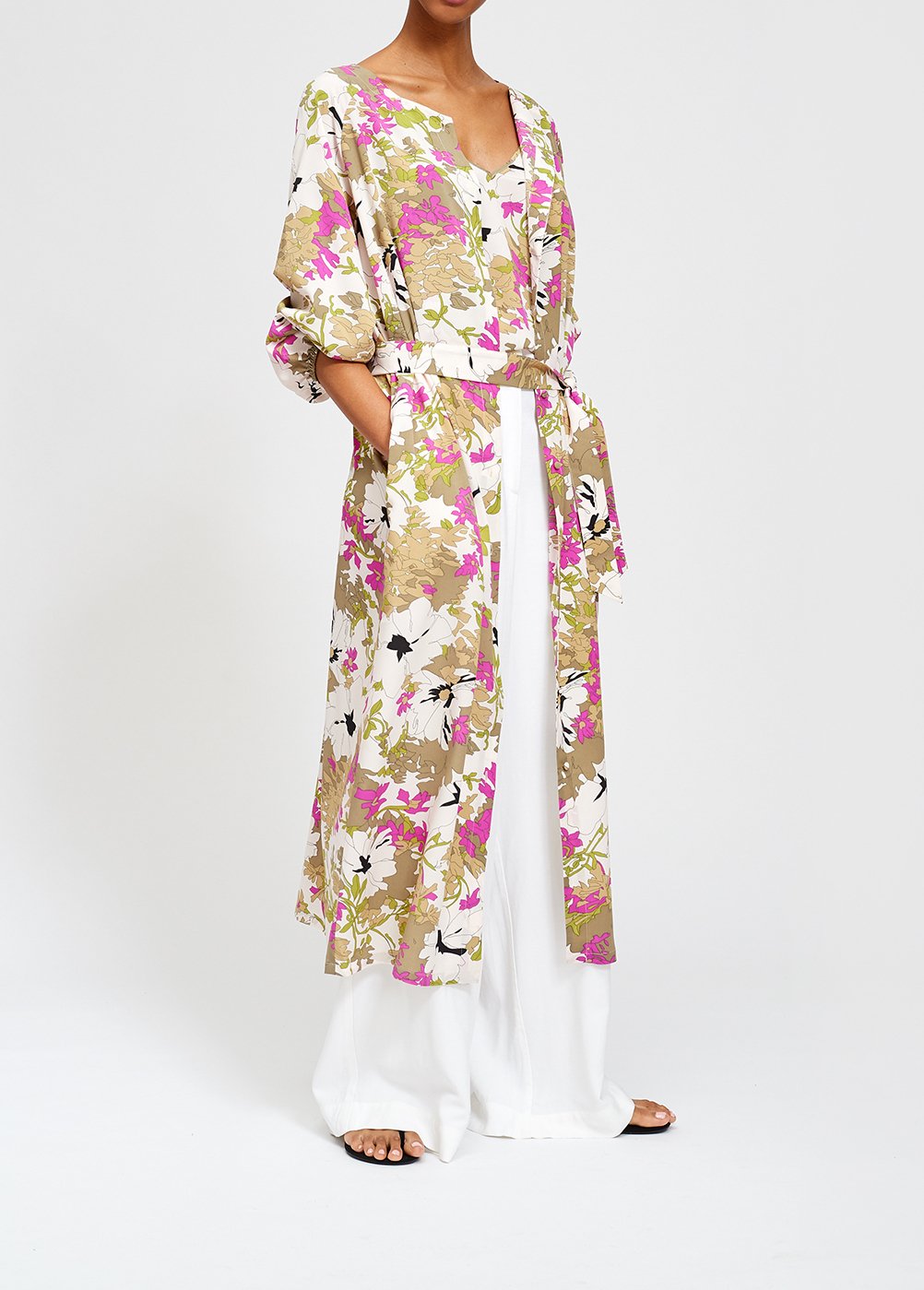 Khaki green, white and pink floral print shirt dress RE—SSENTIEL second-hand photo 3