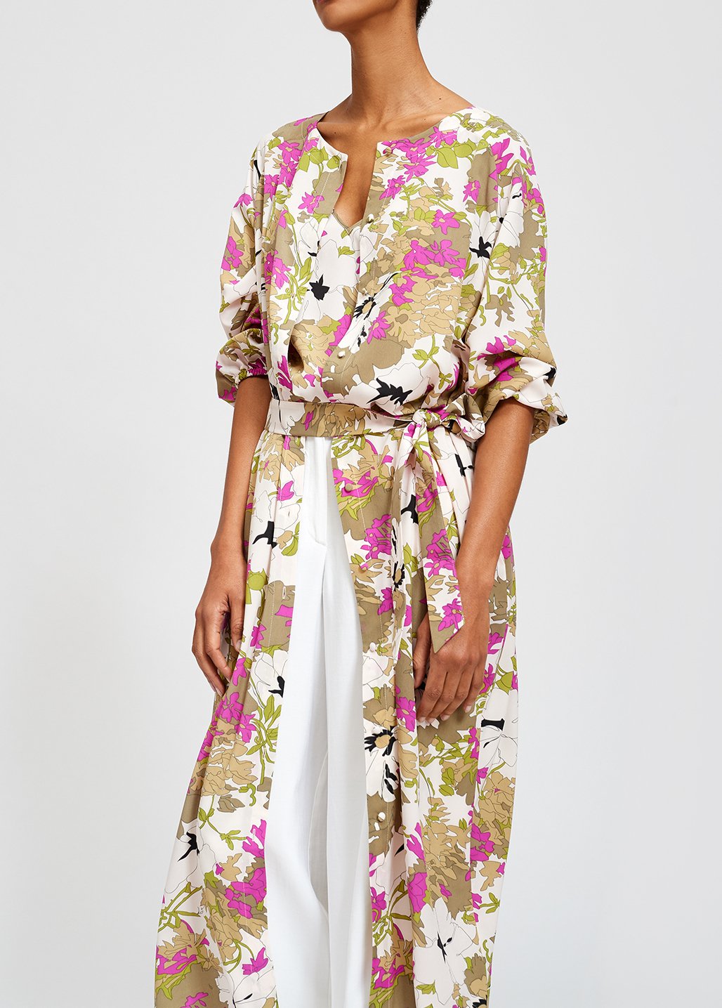 Khaki green, white and pink floral print shirt dress RE—SSENTIEL second-hand photo 5
