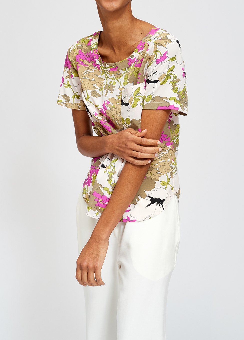 Khaki green, white and pink floral print top RE—SSENTIEL second-hand photo 3