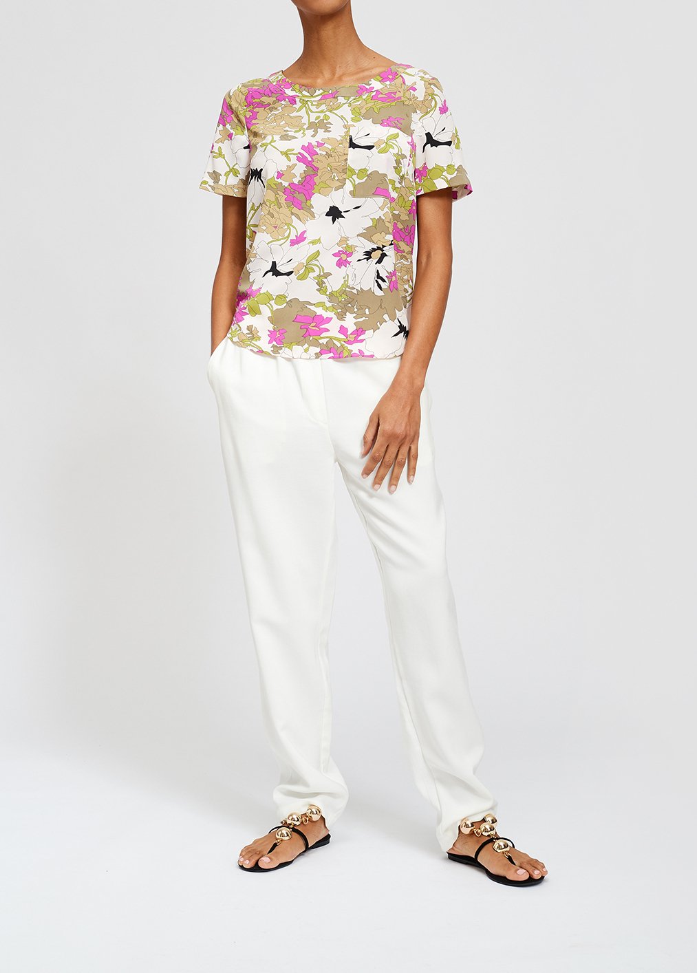 Khaki green, white and pink floral print top RE—SSENTIEL second-hand photo 6