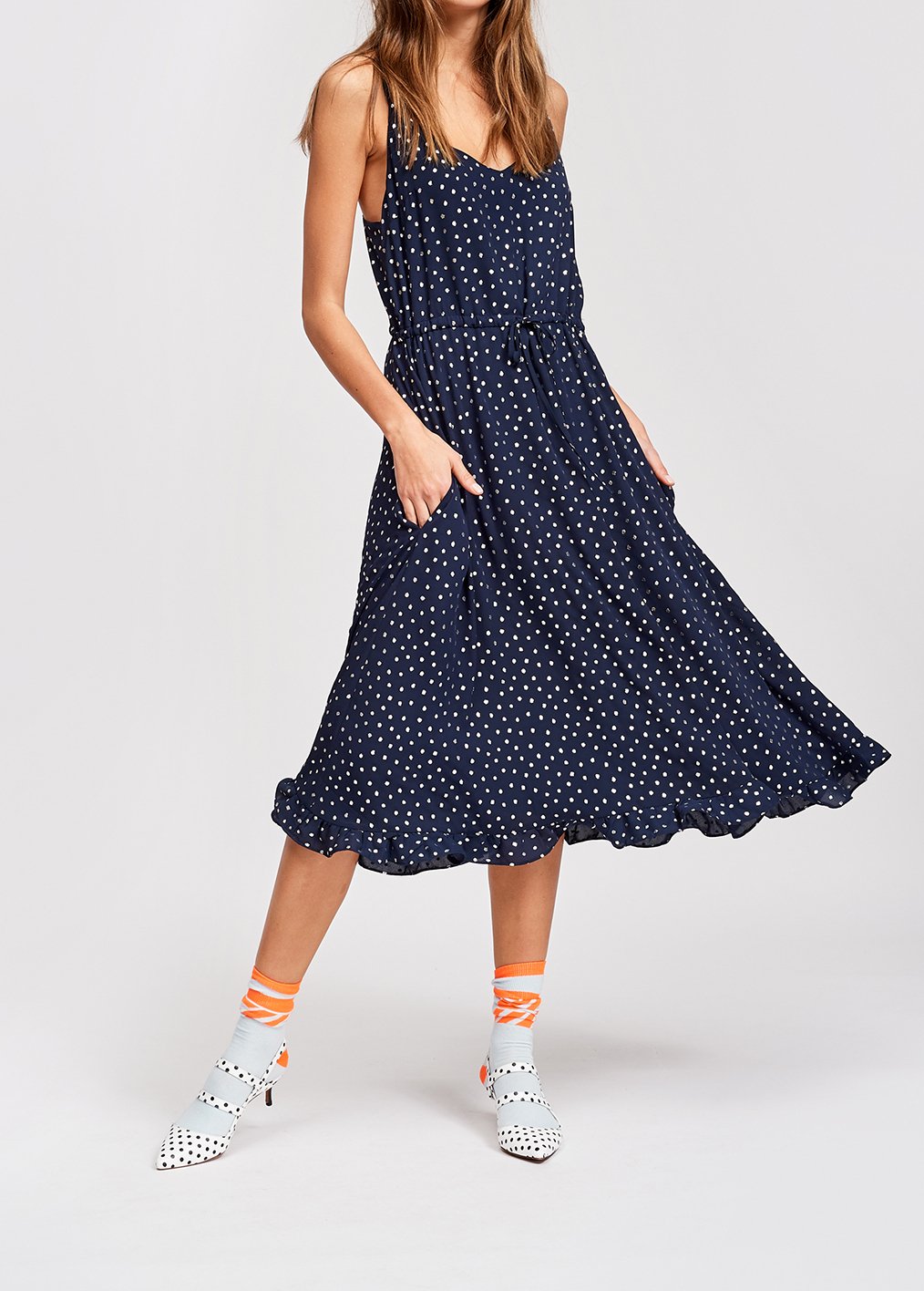 Donkerblauwe midi-jurk met zilveren stippen RE—SSENTIEL tweedehands photo 3