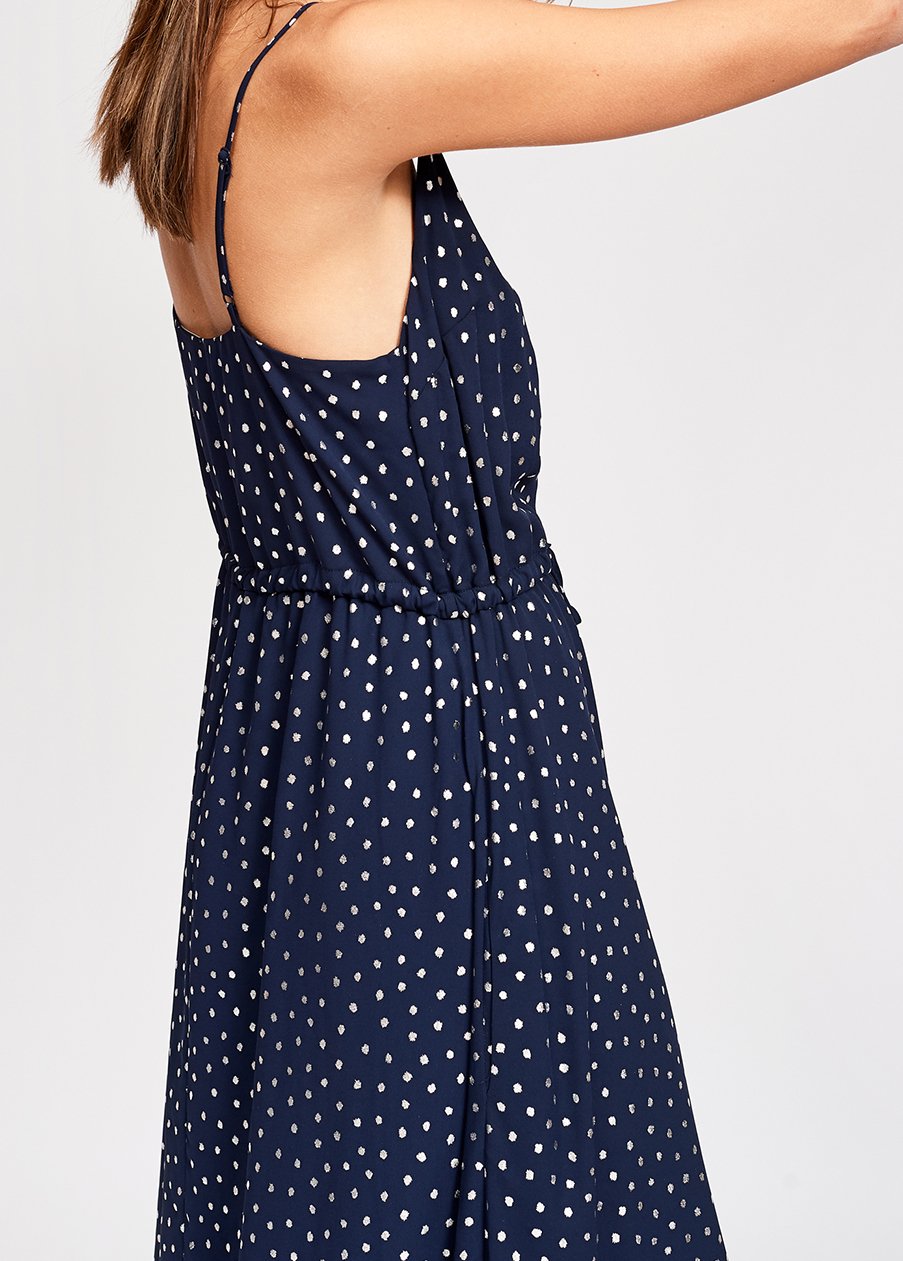 Donkerblauwe midi-jurk met zilveren stippen RE—SSENTIEL tweedehands photo 8