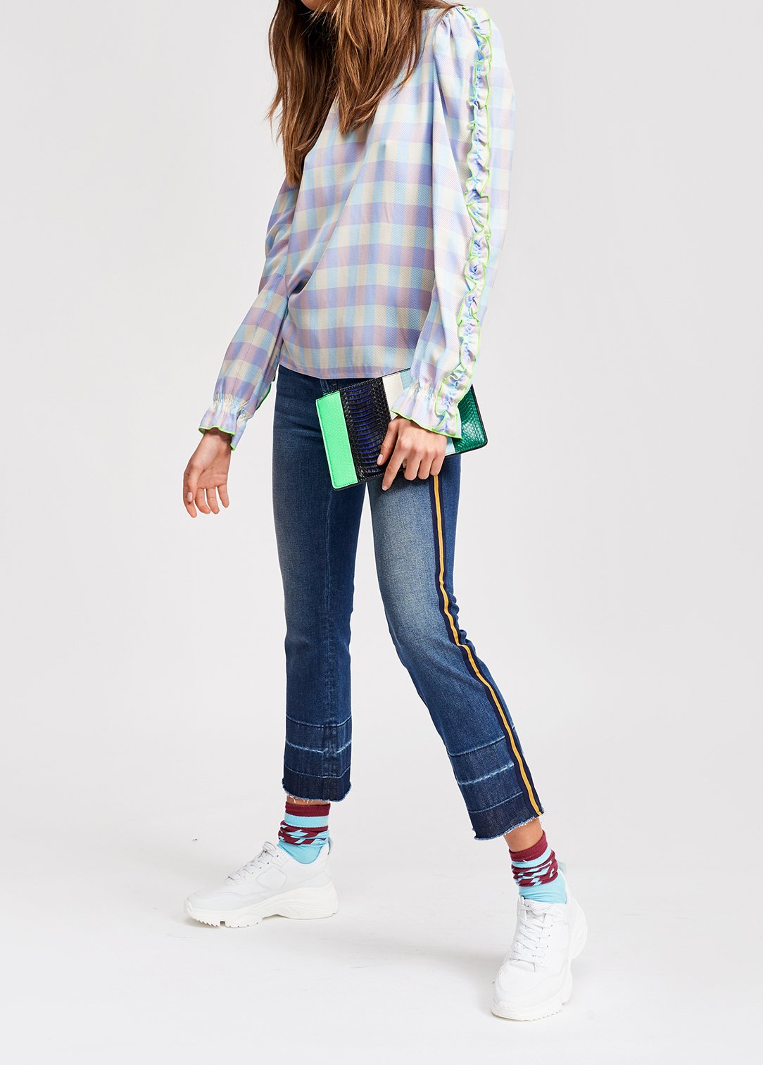 Light blue and purple checked top with ruffled sleeves RE—SSENTIEL second-hand photo 4