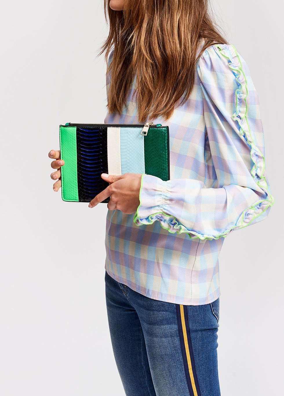 Light blue and purple checked top with ruffled sleeves RE—SSENTIEL second-hand photo 5