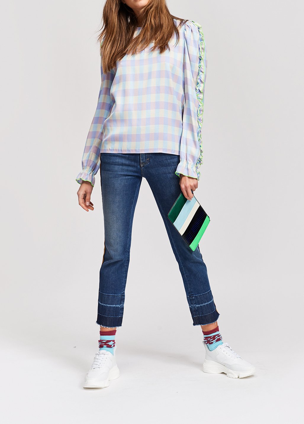 Light blue and purple checked top with ruffled sleeves RE—SSENTIEL second-hand photo 6