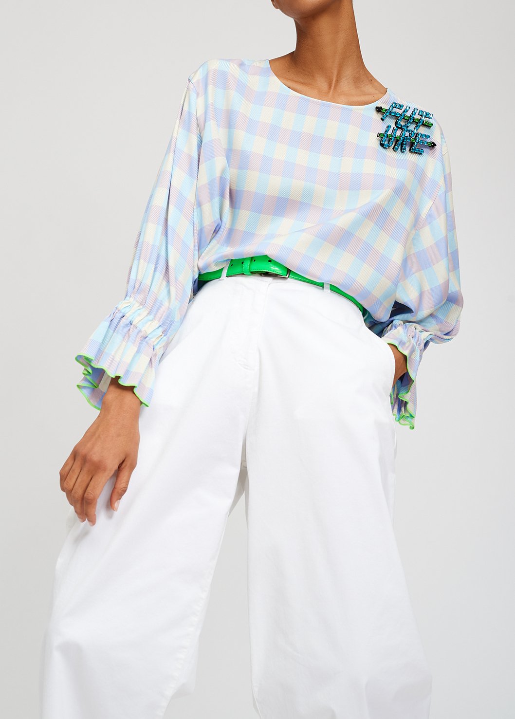 Top met 3/4de mouwen en blauw-paars tartanmotief RE—SSENTIEL tweedehands photo 3