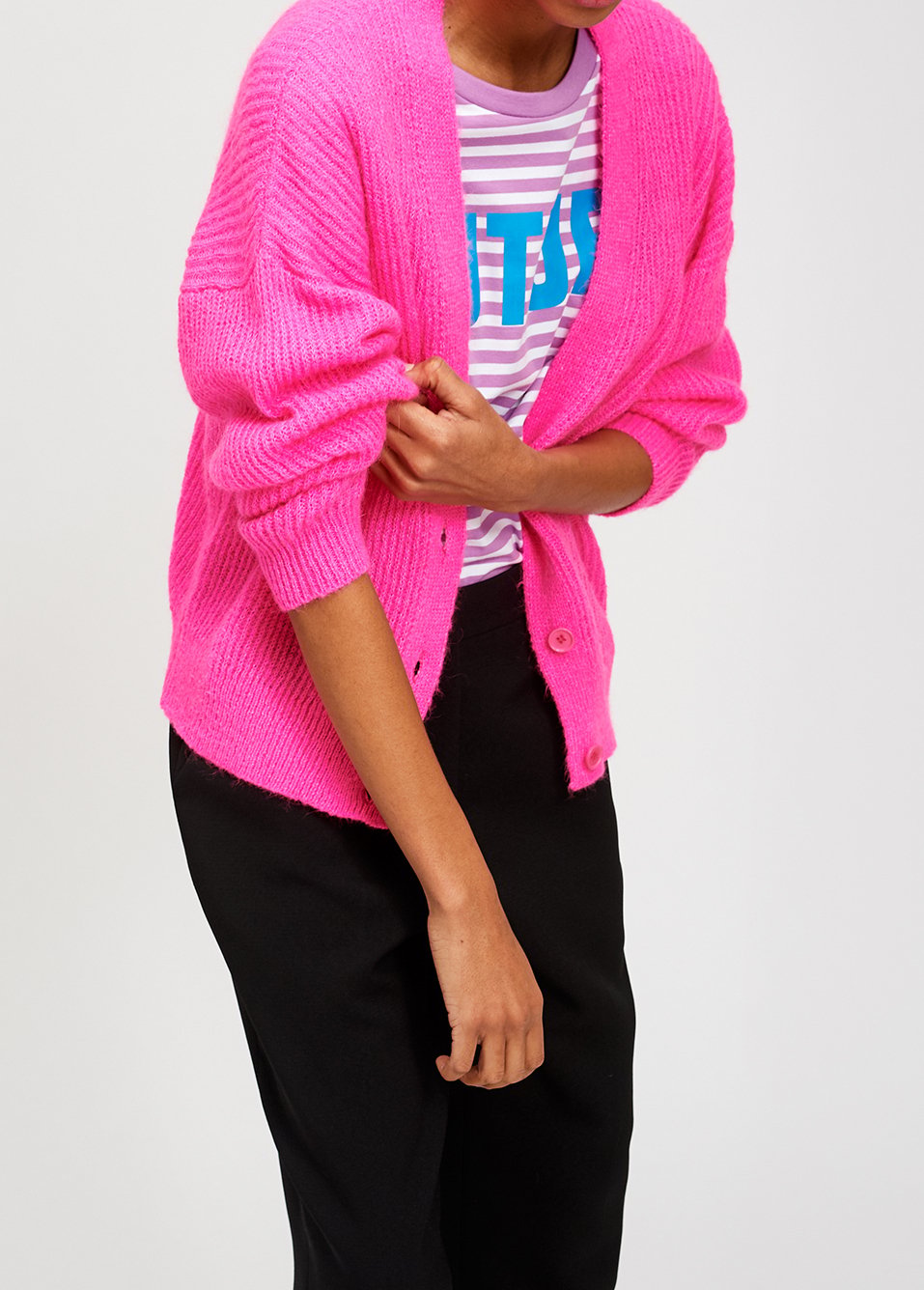 Knitted ribbed cardigan in fuchsia with mohair RE—SSENTIEL second-hand photo 3