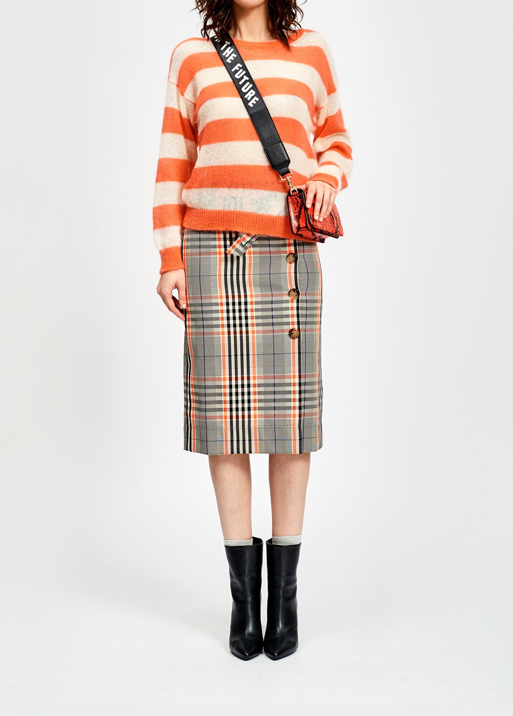 Rechte rok met zwart en oranje tartanmotief RE—SSENTIEL tweedehands photo 3