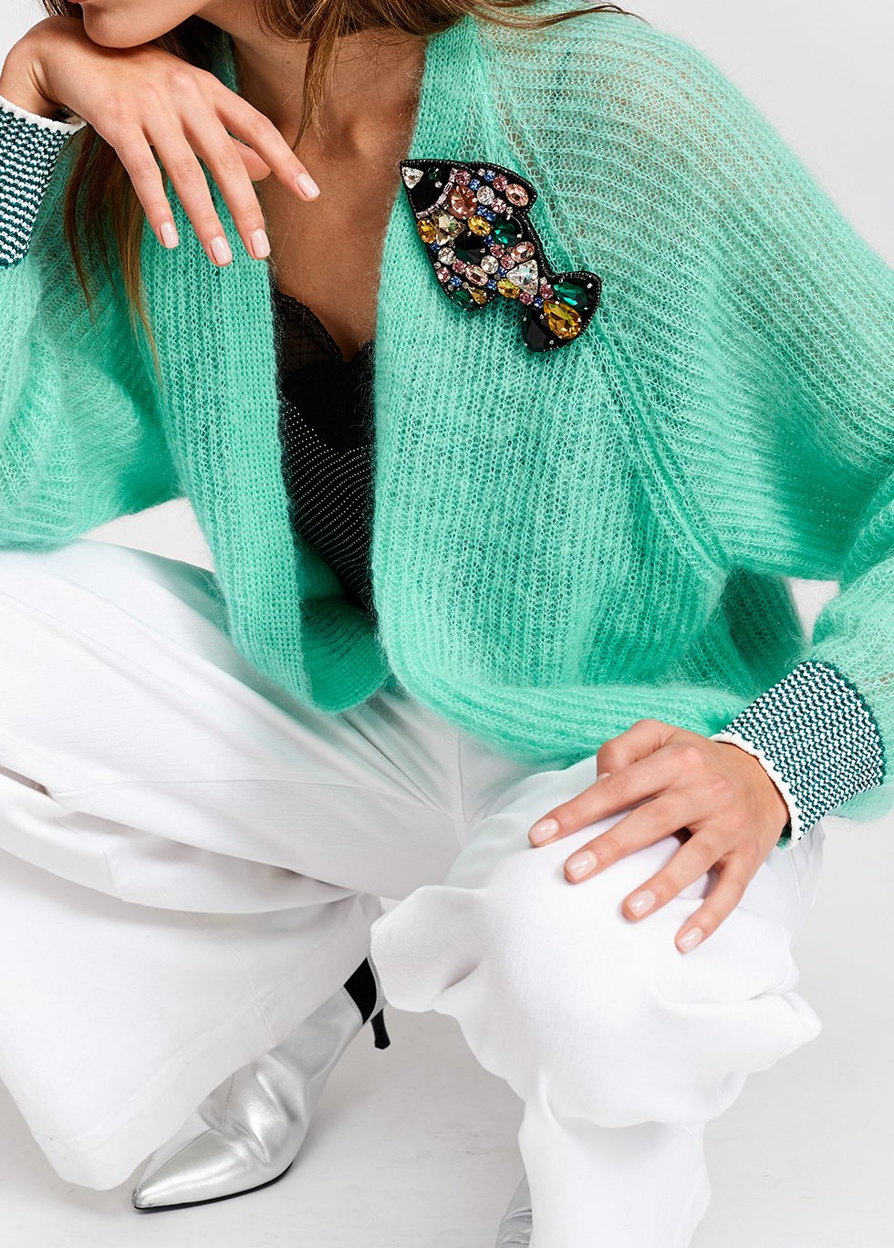 Turkooizen geribbelde cardigan met contrasterende boorden RE—SSENTIEL tweedehands photo 4