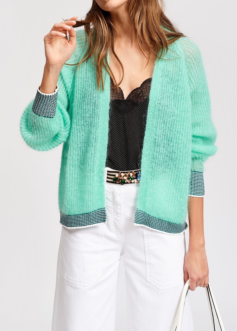 Turkooizen geribbelde cardigan met contrasterende boorden RE—SSENTIEL tweedehands photo 6