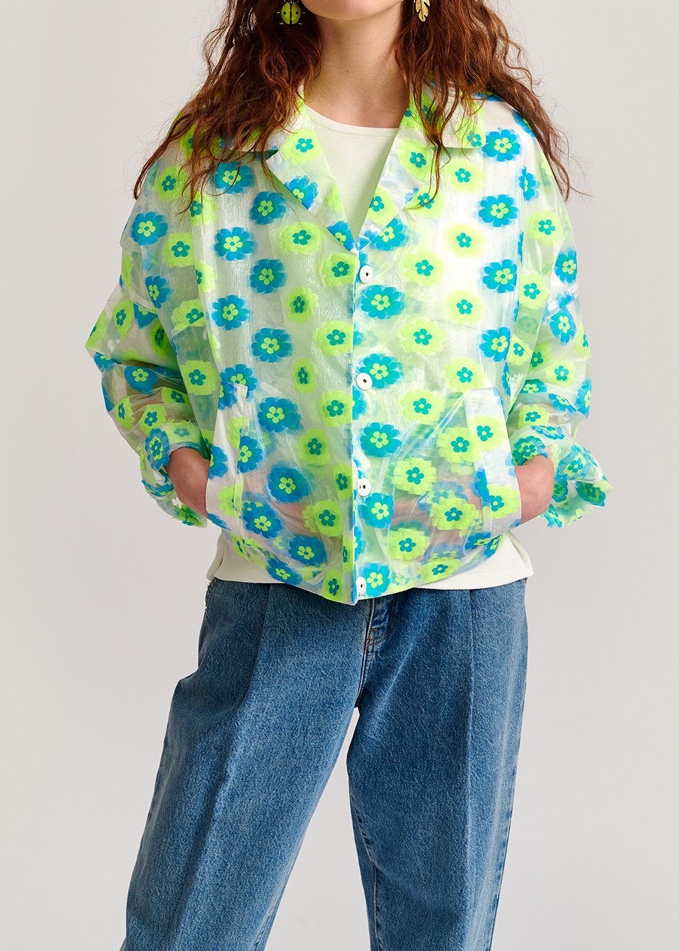 Veste transparente à  fleurs vert fluo et bleu RE—SSENTIEL seconde main photo 6