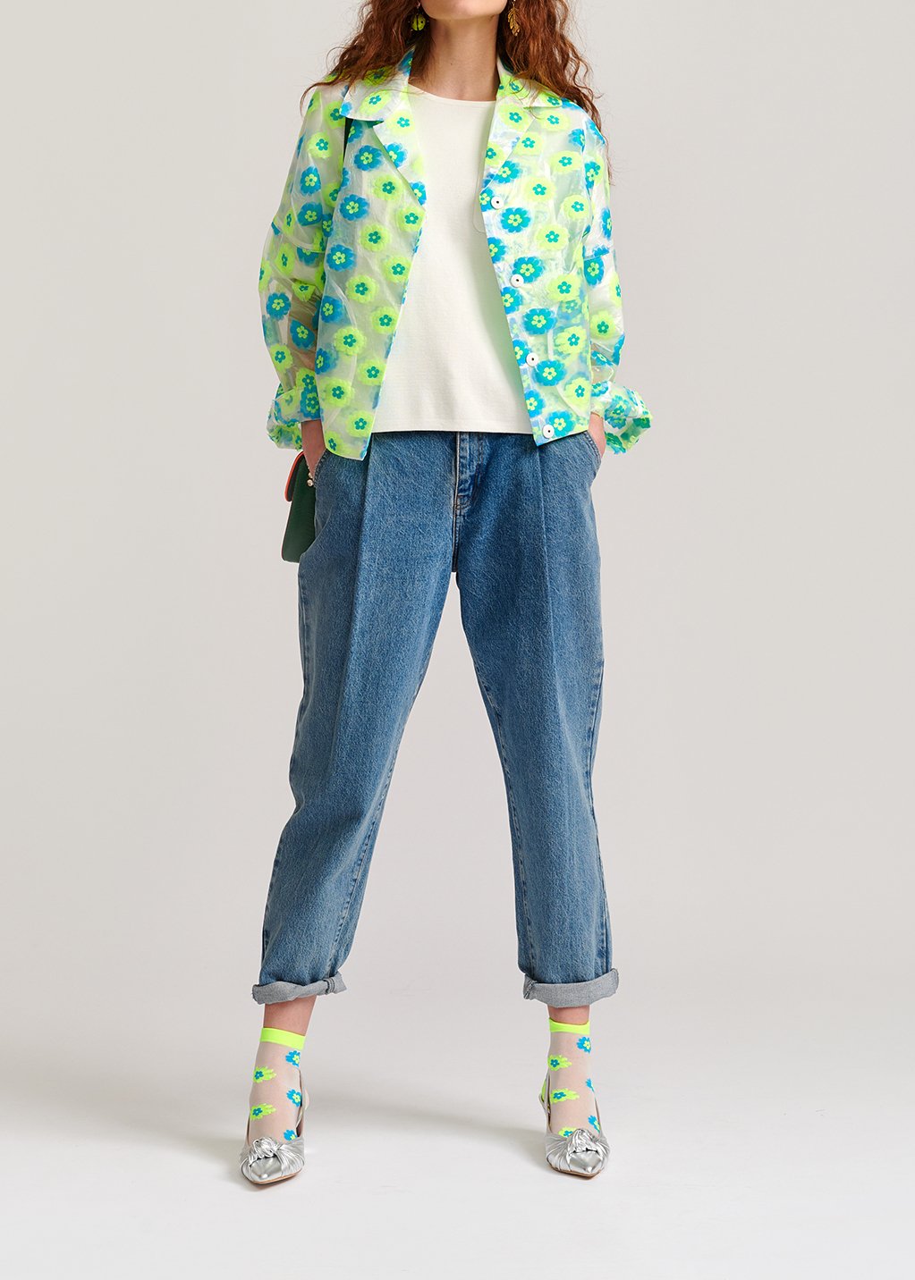 Veste transparente à  fleurs vert fluo et bleu RE—SSENTIEL seconde main photo 8