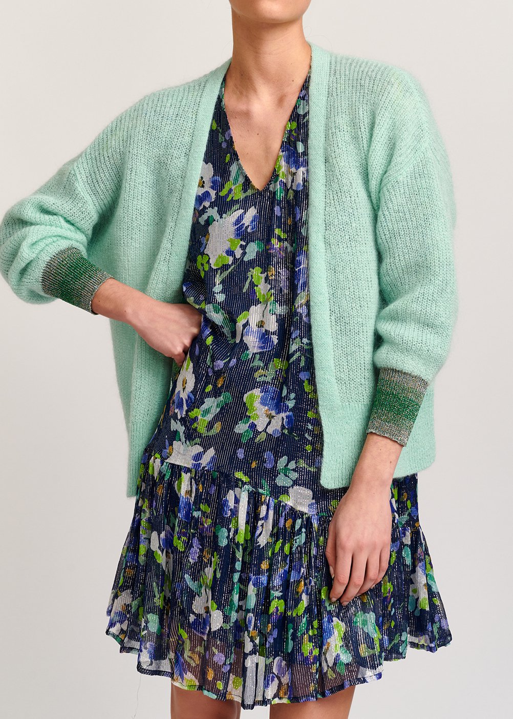 Muntgroene mohairmix cardigan met metallic manchetten RE—SSENTIEL tweedehands photo 3