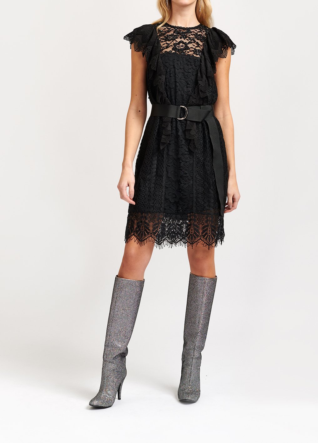 Robe ceinturée en dentelle noire avec ruches et paillettes RE—SSENTIEL seconde main photo 7