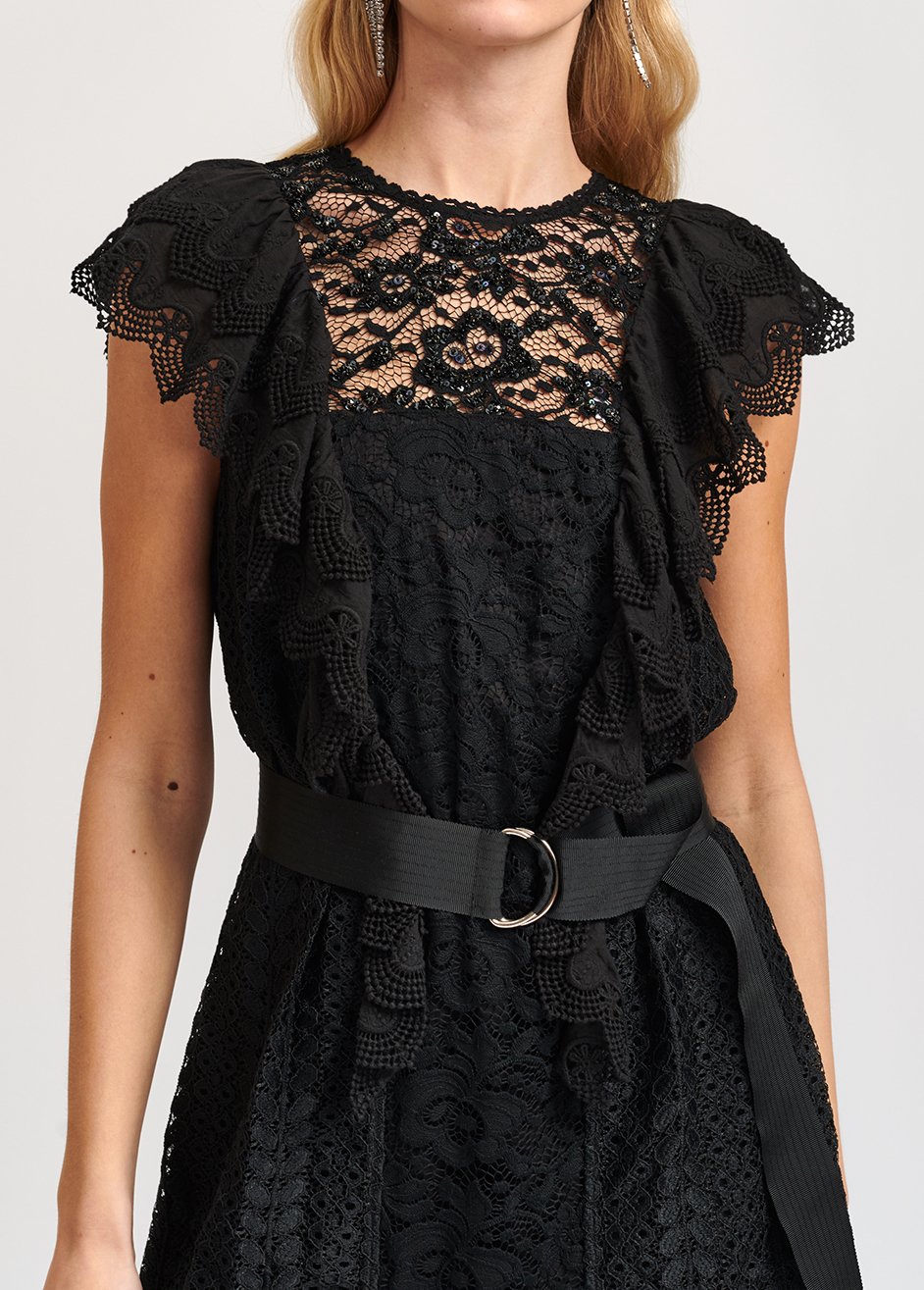 Robe ceinturée en dentelle noire avec ruches et paillettes RE—SSENTIEL seconde main photo 8