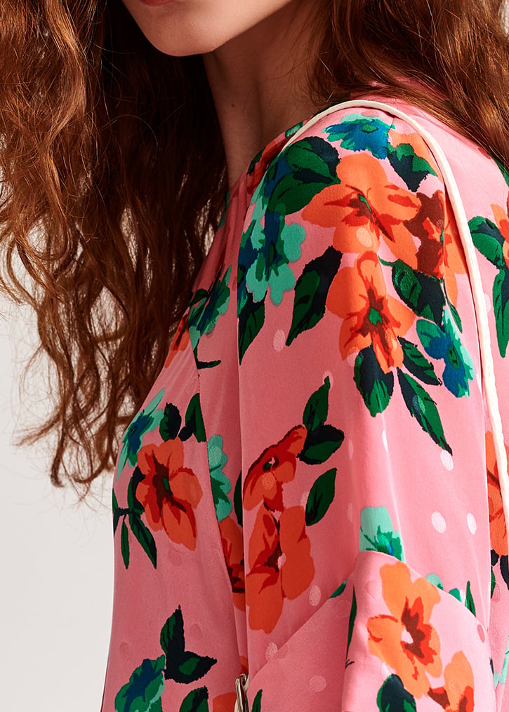 Roze zijden top met bloemen en stippen RE—SSENTIEL tweedehands photo 6