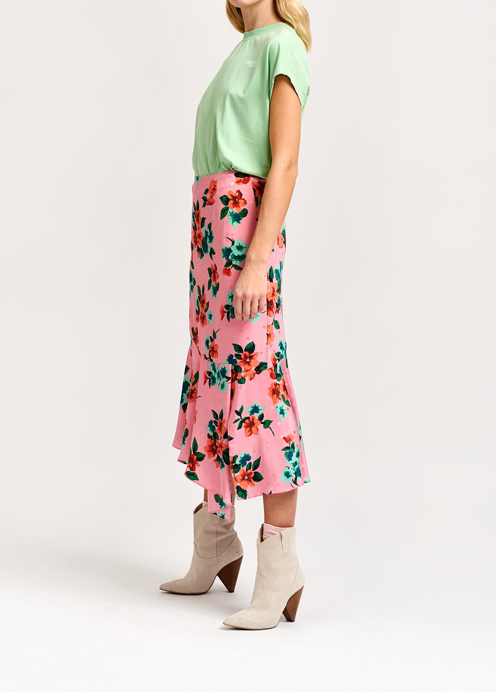 Roze zijden midirok met bloemen en stippen RE—SSENTIEL tweedehands photo 4