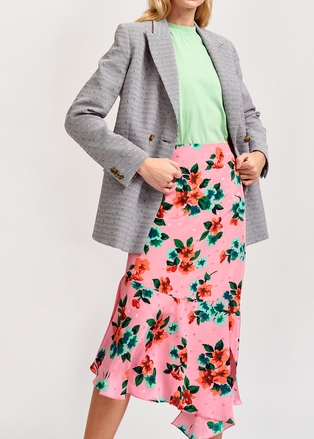 Roze zijden midirok met bloemen en stippen RE—SSENTIEL tweedehands photo 5