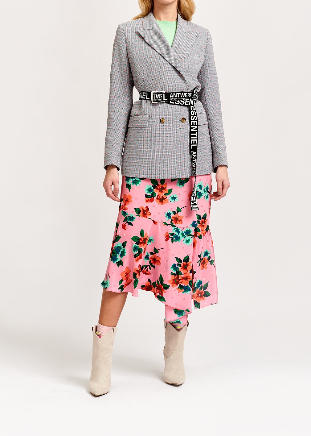 Roze zijden midirok met bloemen en stippen RE—SSENTIEL tweedehands photo 6