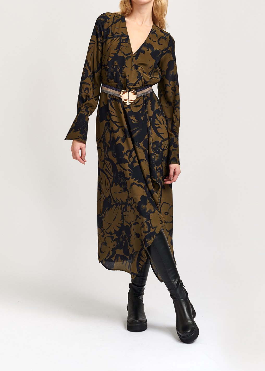 Marineblauwe zijden midi-jurk met botanische print RE—SSENTIEL tweedehands photo 3