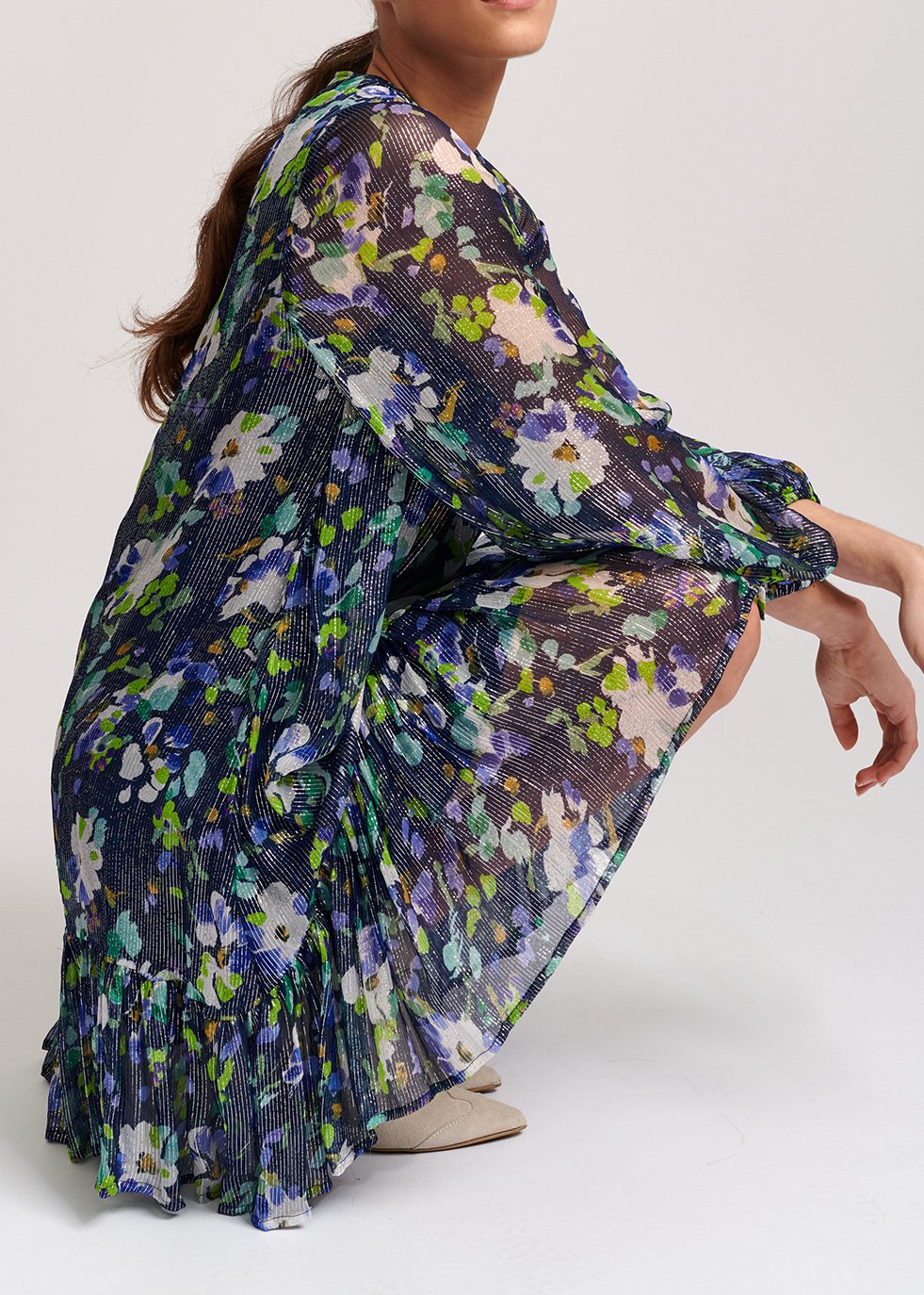 Robe trapèze bleu foncé à  imprimé floral RE—SSENTIEL seconde main photo 3